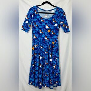 LuLaRoe “Nicole” Geometric Pattern Blue Short Sleeve Dress.  Size Medium.  NWOT.